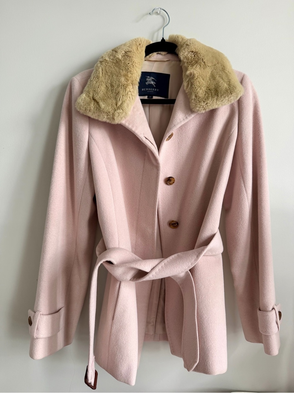 Burberry Blush Pink Wool Pea Coat with Beige Fur Collar